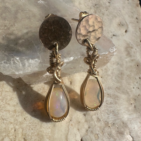 14k Gold Filled Hammered Disc Earrings with Ethiopian Opals framed in 14k gf - Picture 1 of 6